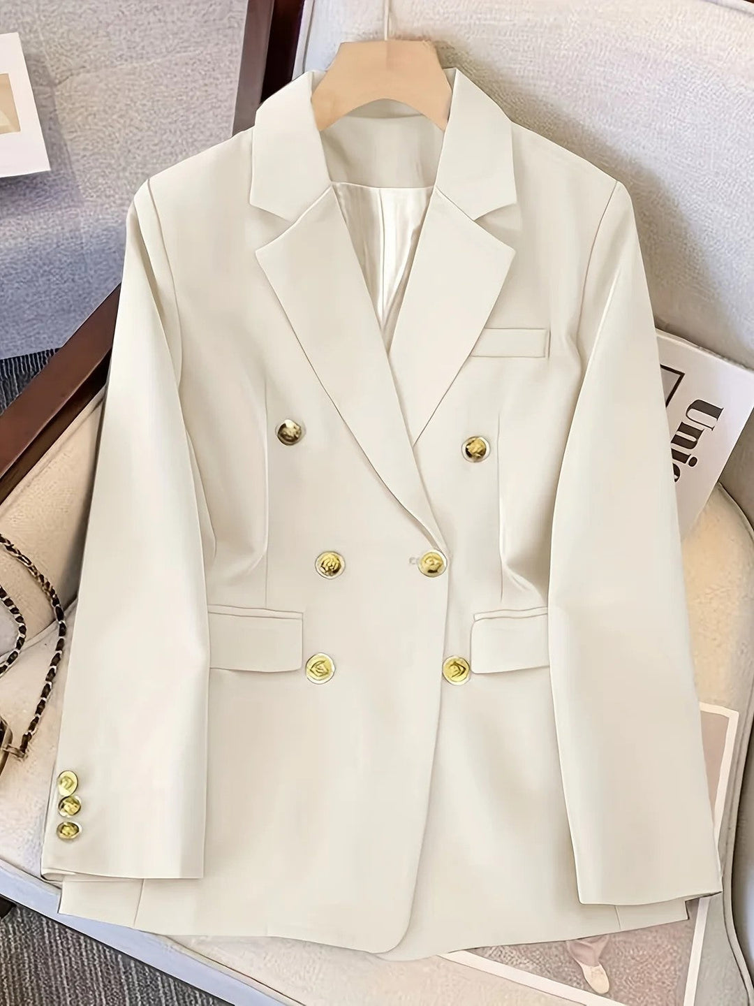 Gold button blazer women detail