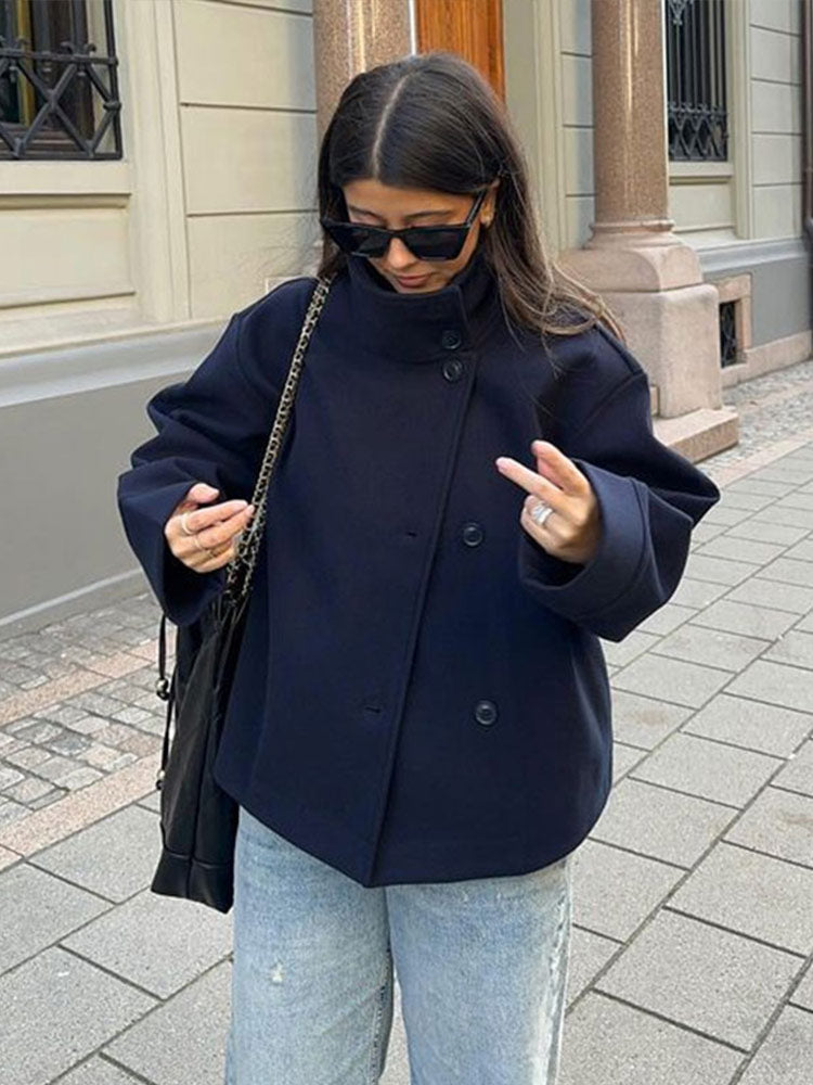 Double breasted short coat women navy blue