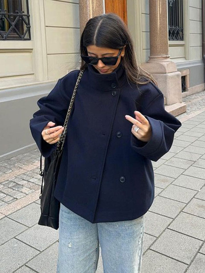 Double breasted short coat women navy blue