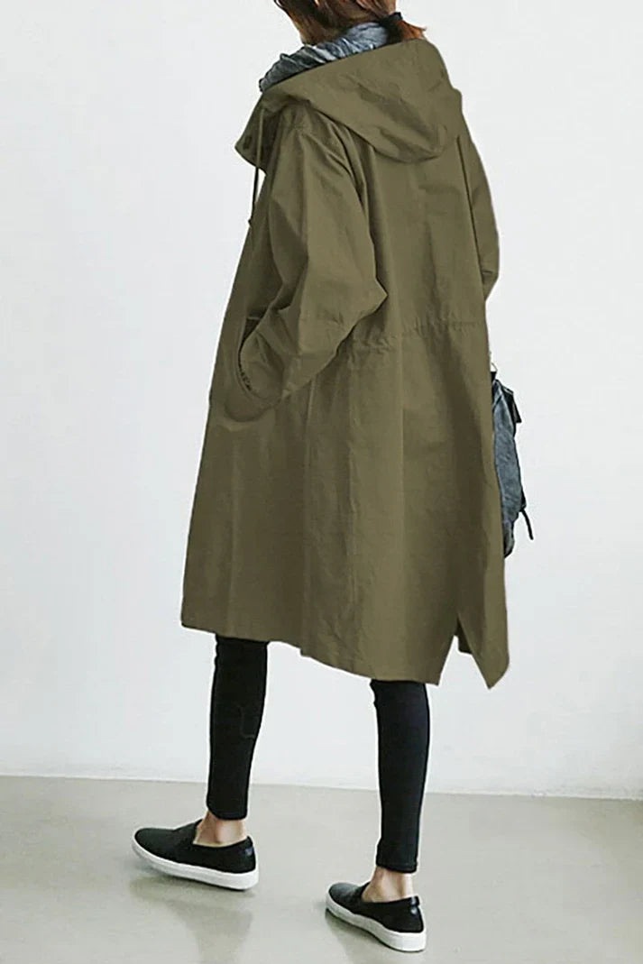 Waterproof hooded trench coat detail
