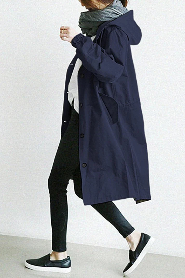 Waterproof hooded trench coat detail
