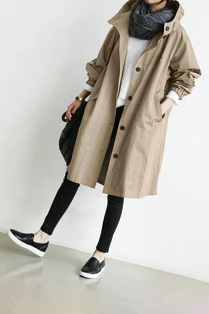 Waterproof hooded trench coat detail