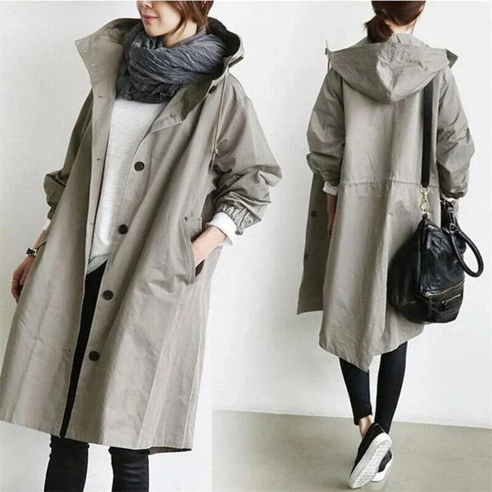 Waterproof hooded trench coat detail