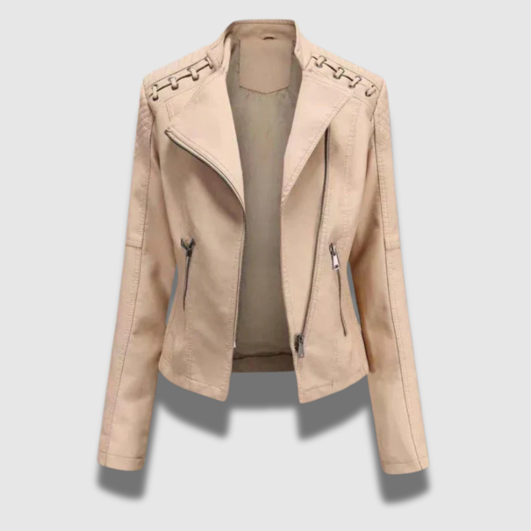 Slim leather jacket women beige