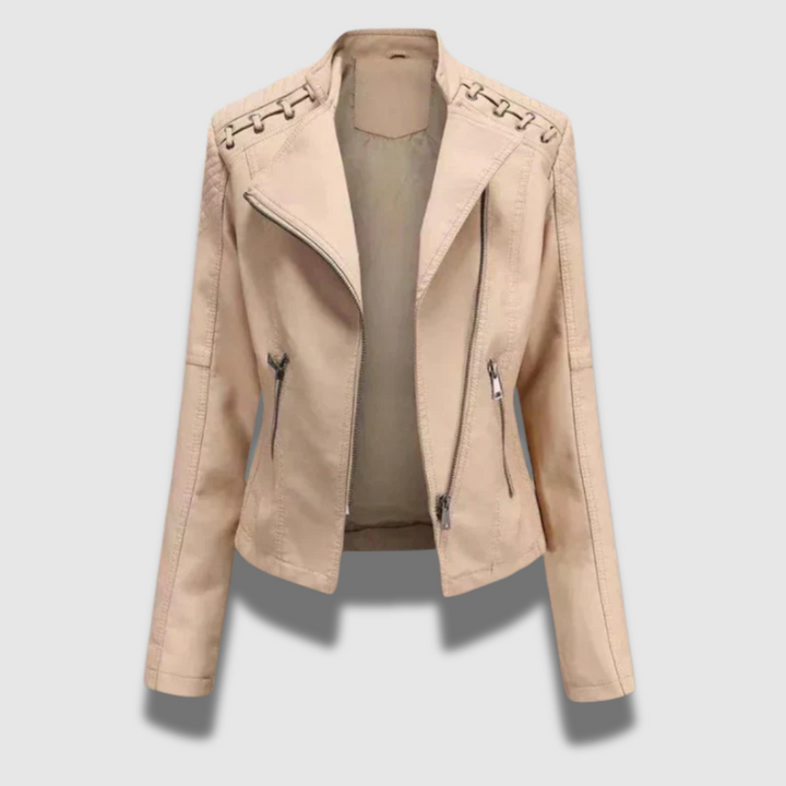 Slim leather jacket women beige