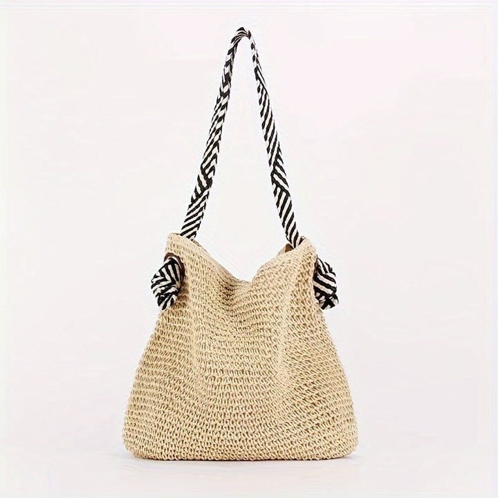 Boho Woven Straw Shoulder Bag with Striped Fabric Strap