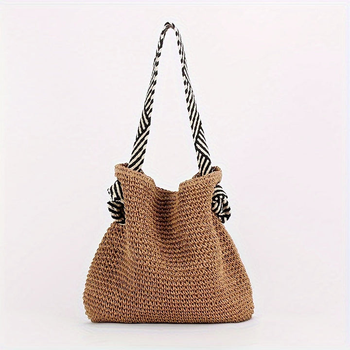 Boho Woven Straw Shoulder Bag with Striped Fabric Strap