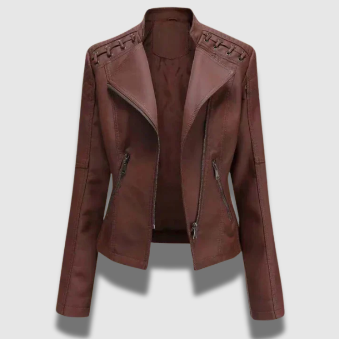 Slim leather jacket women dark brown