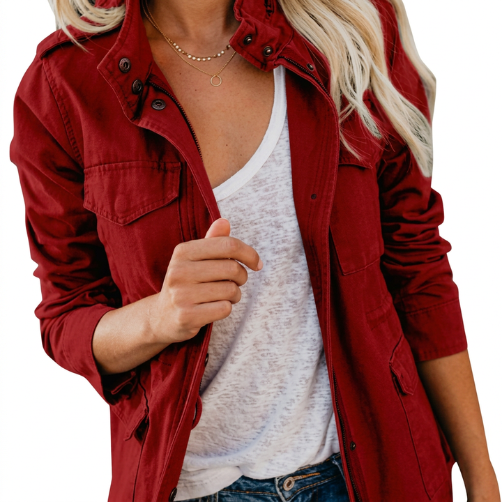 Casual Military Utility Jacket with Zip and Snap Button Collar
