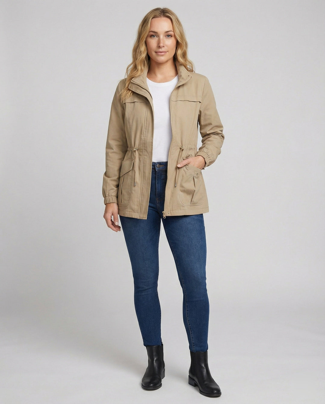 Casual Utility Jacket with Drawstring Waist and Flap Pockets