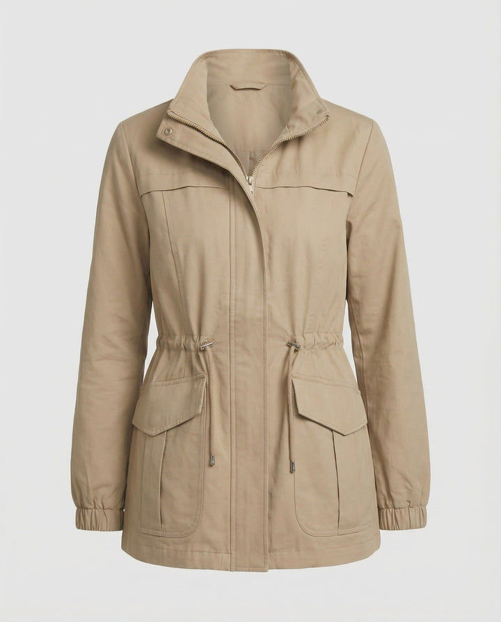Casual Utility Jacket with Drawstring Waist and Flap Pockets