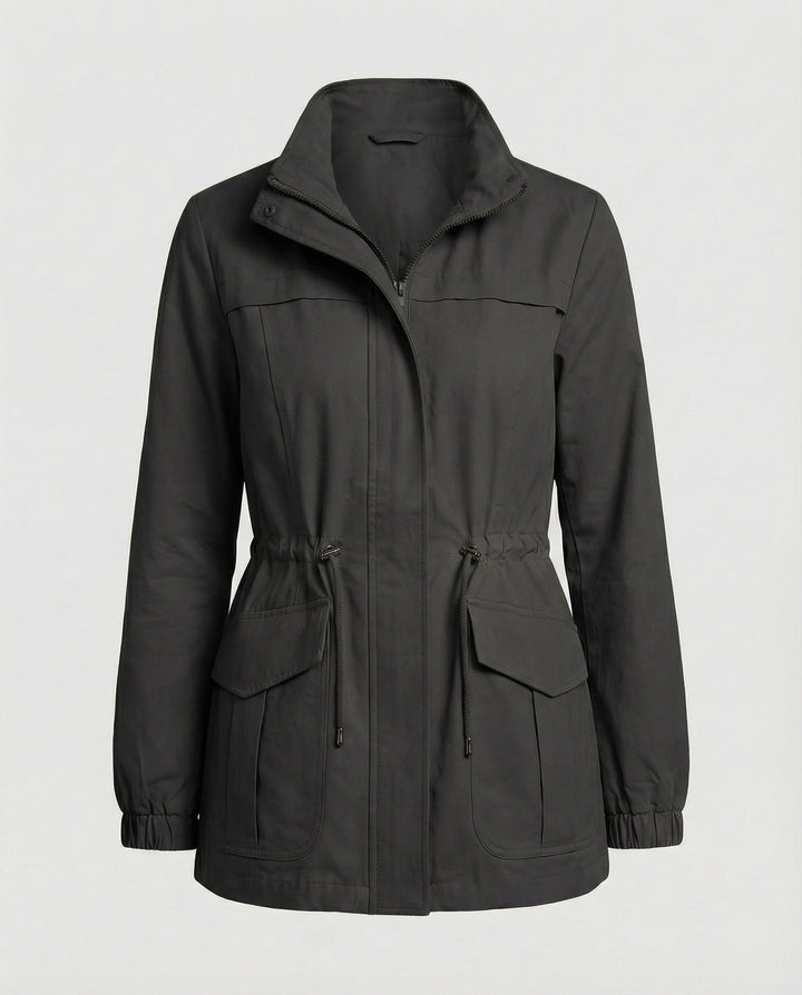 Casual Utility Jacket with Drawstring Waist and Flap Pockets