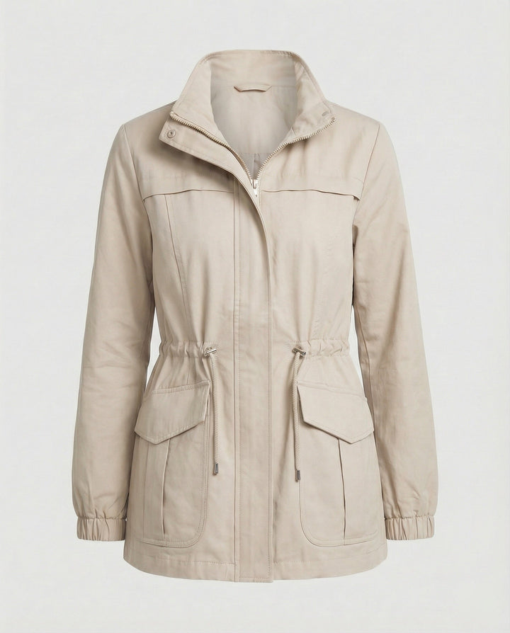 Casual Utility Jacket with Drawstring Waist and Flap Pockets