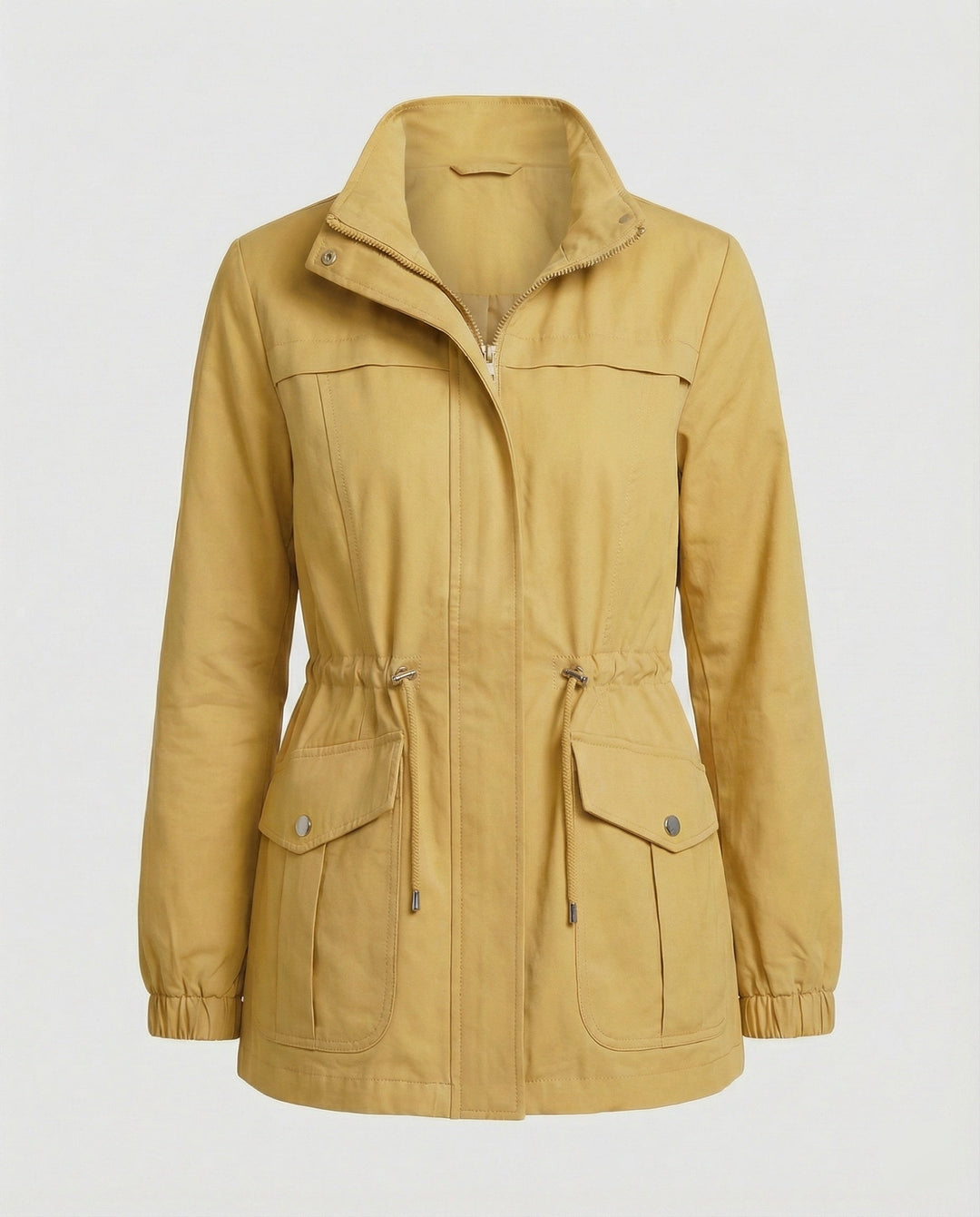 Casual Utility Jacket with Drawstring Waist and Flap Pockets