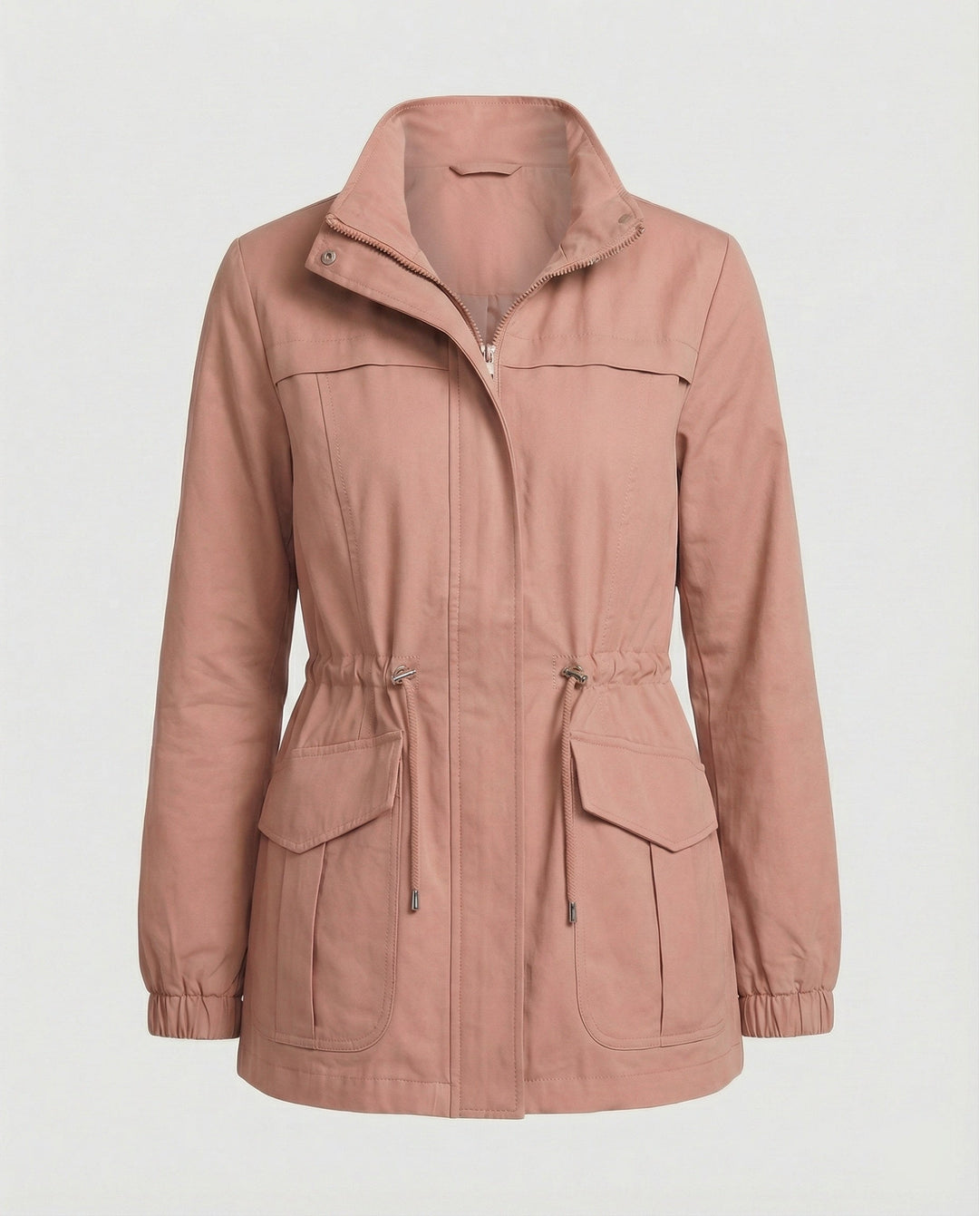 Casual Utility Jacket with Drawstring Waist and Flap Pockets