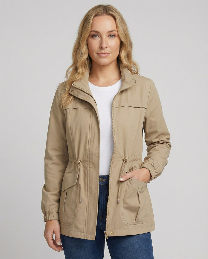 Casual Utility Jacket with Drawstring Waist and Flap Pockets