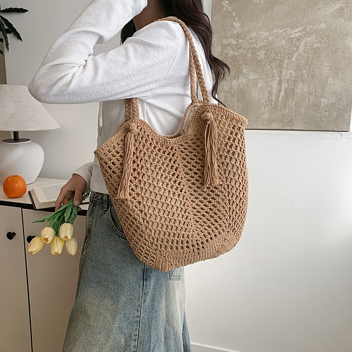Crochet Shoulder Bag with Tassel Drawstring Detail