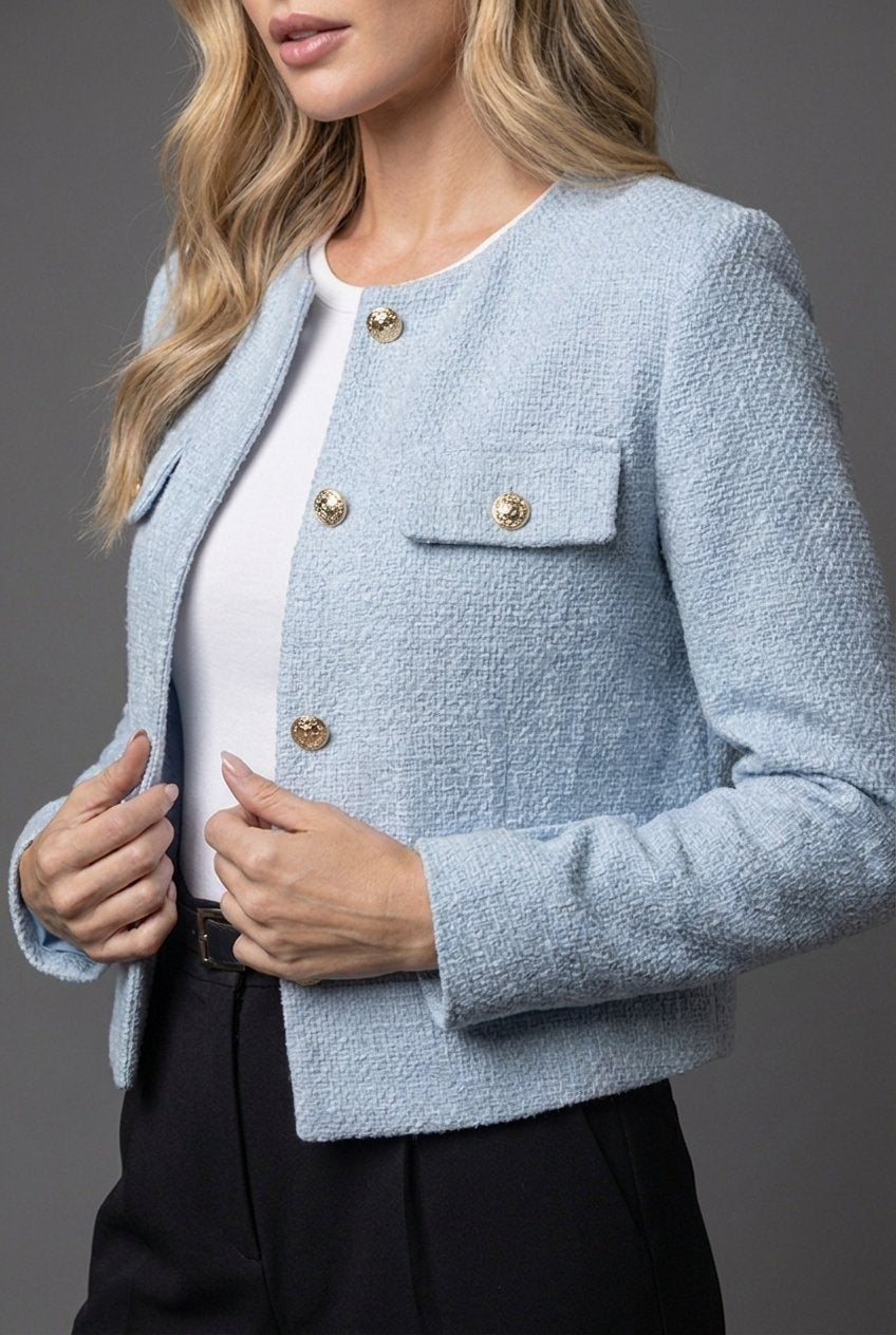 Cropped Tweed Blazer with Gold Buttons and Flap Pockets