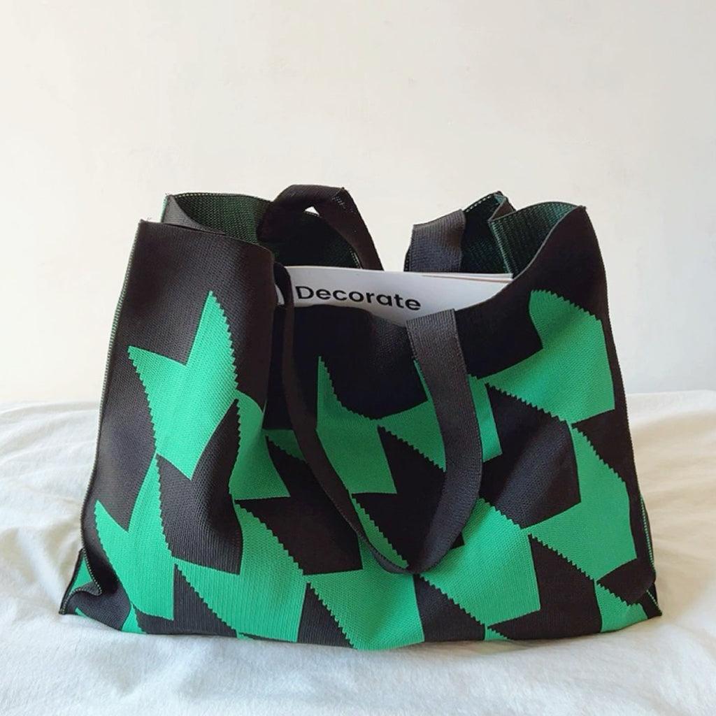 Large Knit Tote Bag with Bold Geometric Print