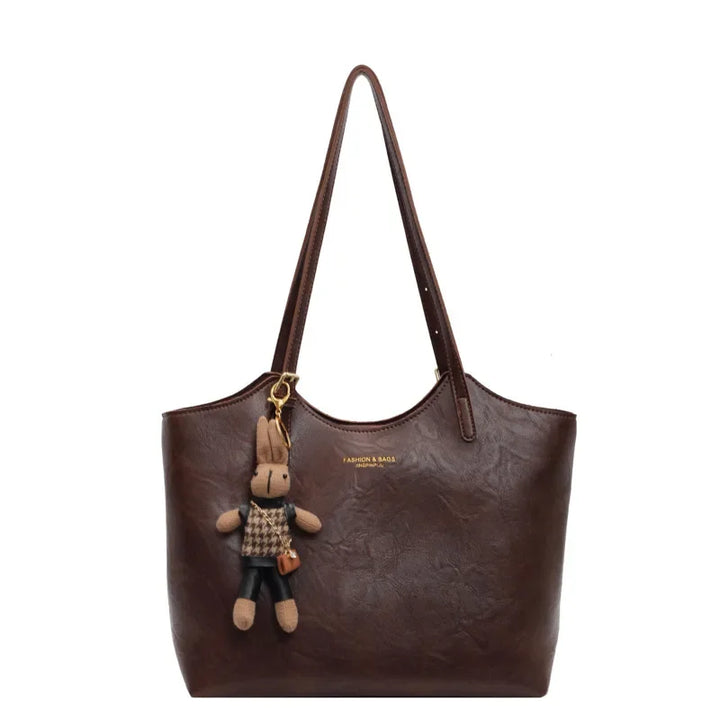 Large Leather Tote Bag with Teddy Bear Bag Charm