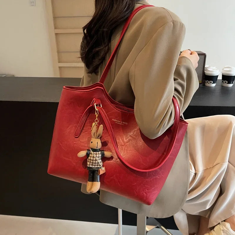 Large Leather Tote Bag with Teddy Bear Bag Charm