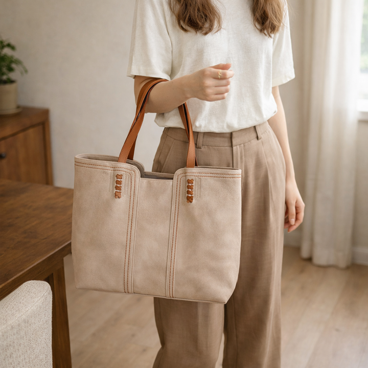 Large Suede Tote Bag with Contrast Stitching and Tan Handles