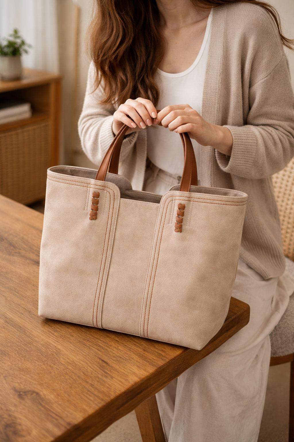 Large Suede Tote Bag with Contrast Stitching and Tan Handles