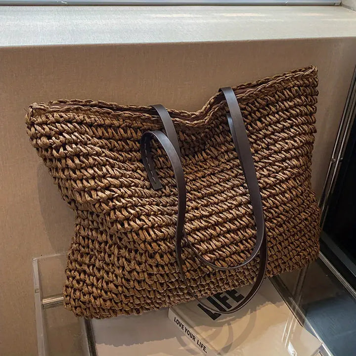 Large Woven Straw Tote Bag with Leather Handles