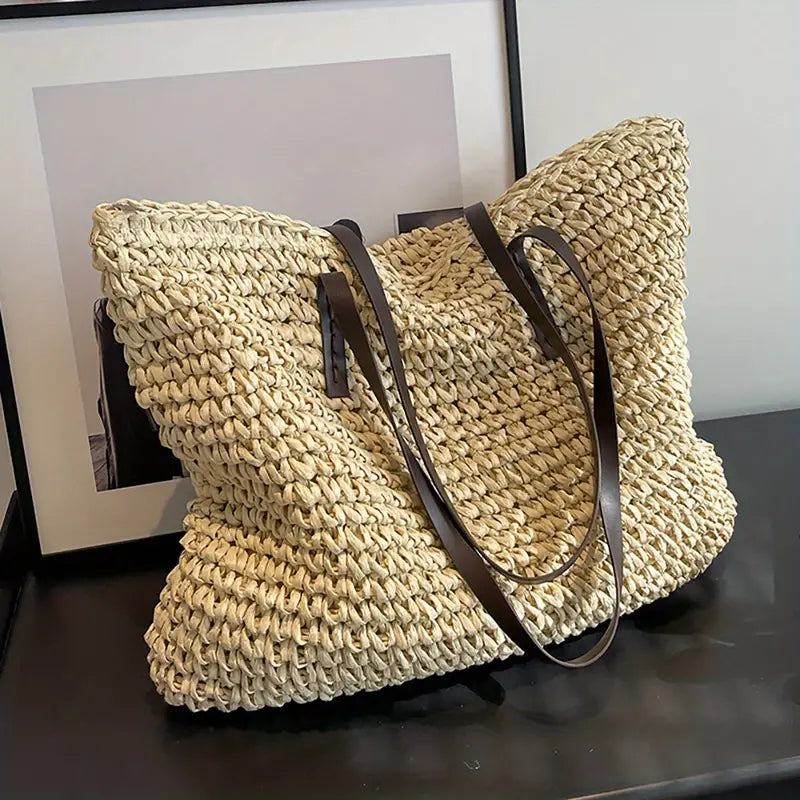 Large Woven Straw Tote Bag with Leather Handles