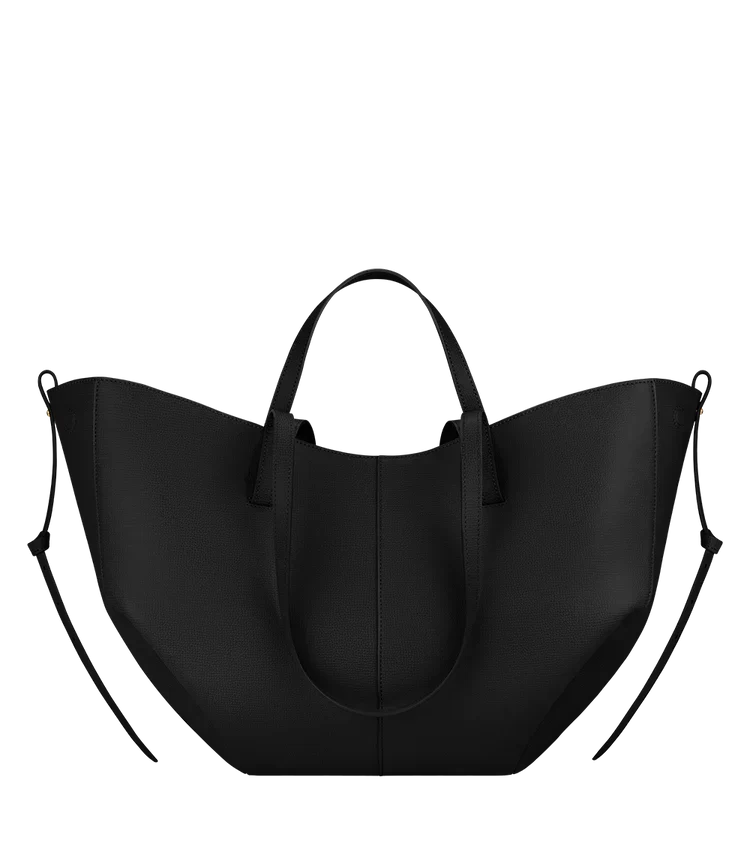 Leather Tote Bag with Gathered Side Ties and Contrast Stitching