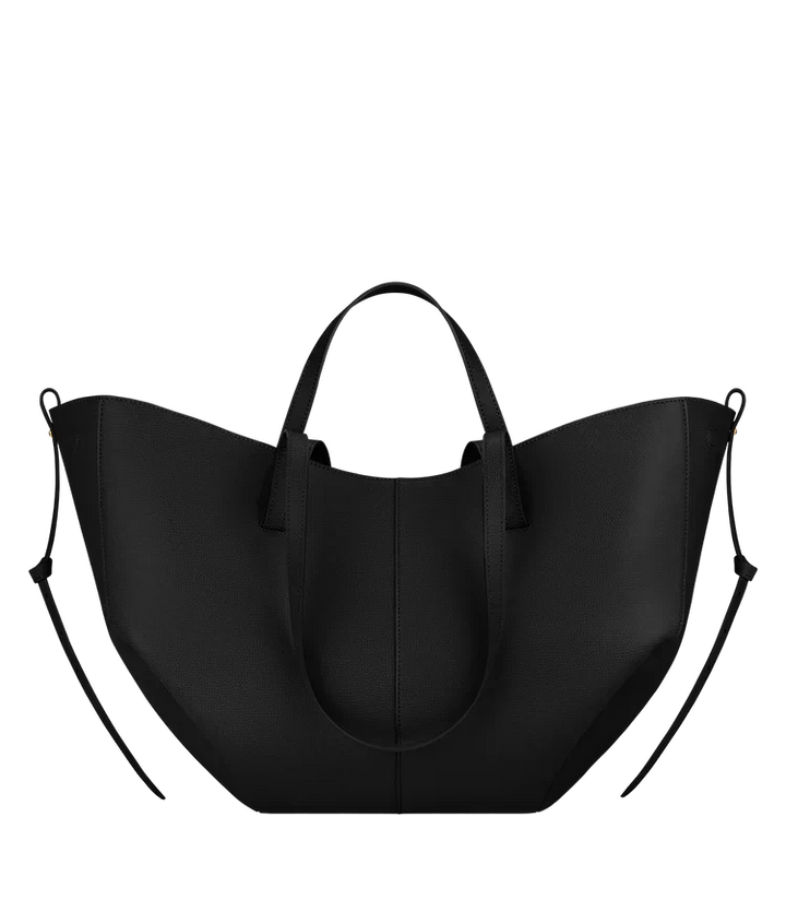 Leather Tote Bag with Gathered Side Ties and Contrast Stitching