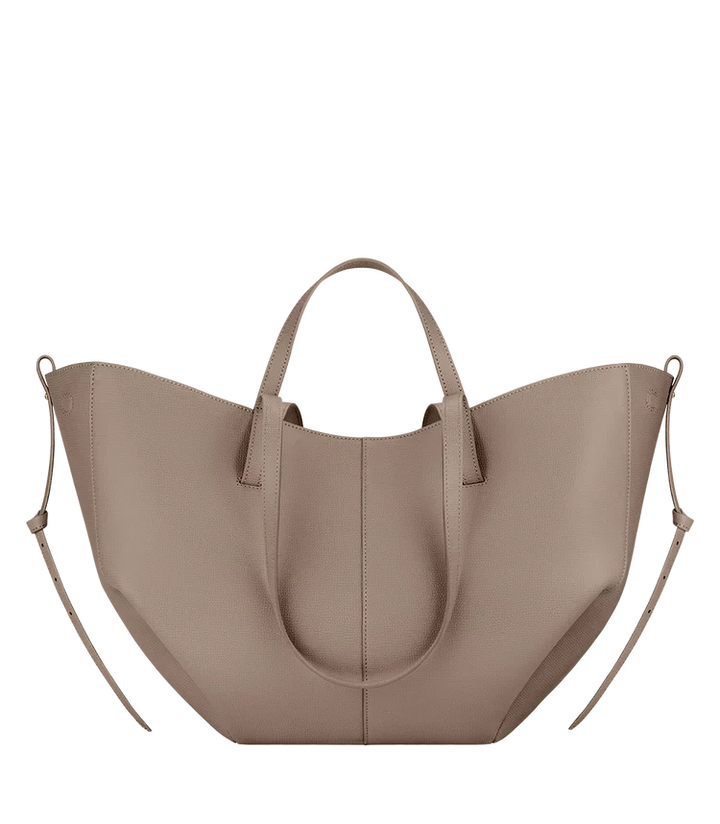 Leather Tote Bag with Gathered Side Ties and Contrast Stitching