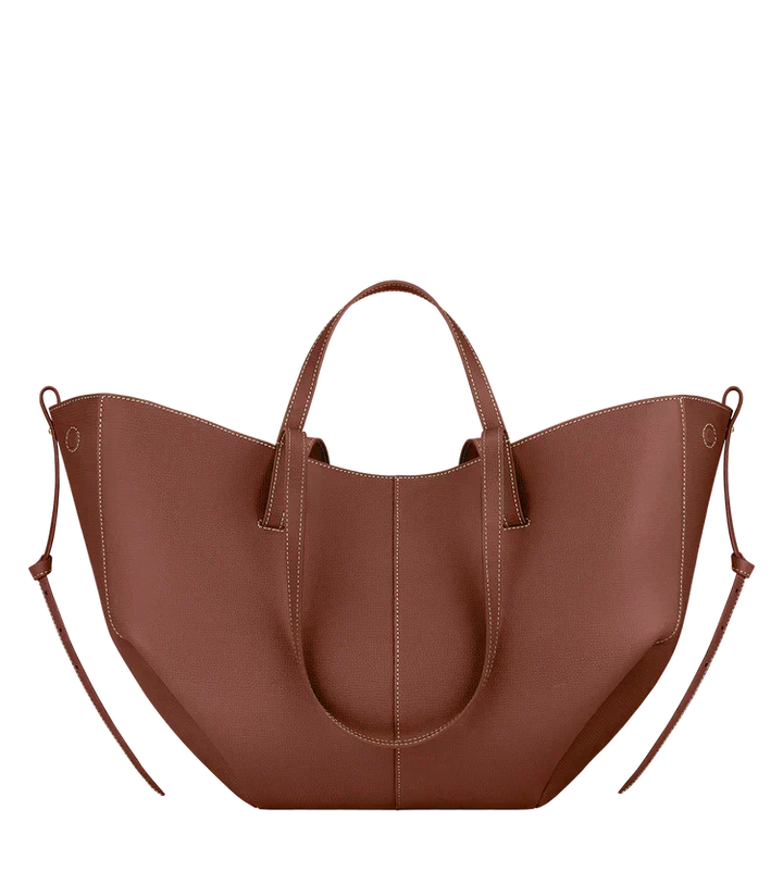 Leather Tote Bag with Gathered Side Ties and Contrast Stitching