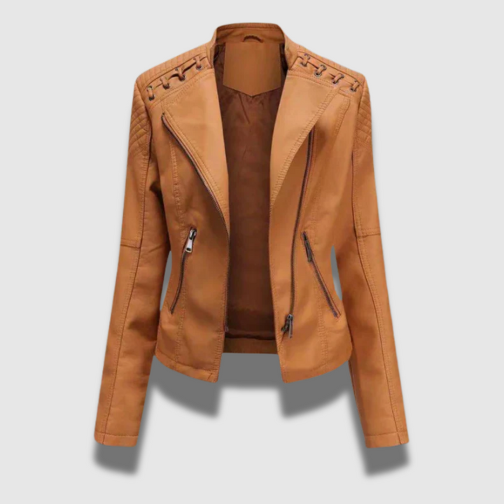 Slim leather jacket women light brown