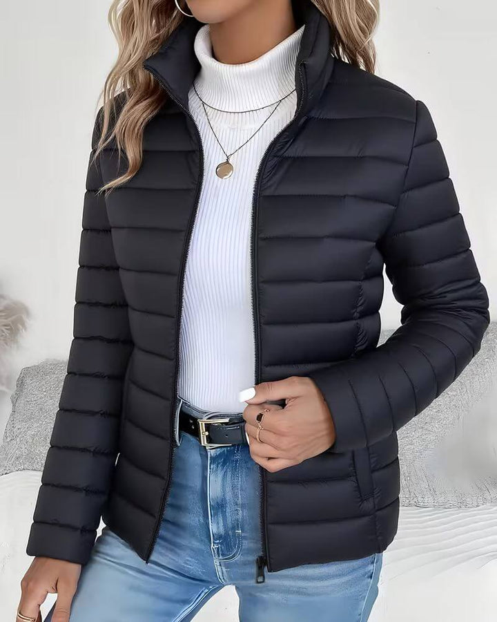 Lightweight Puffer Jacket with Stand Collar and Zip Closure