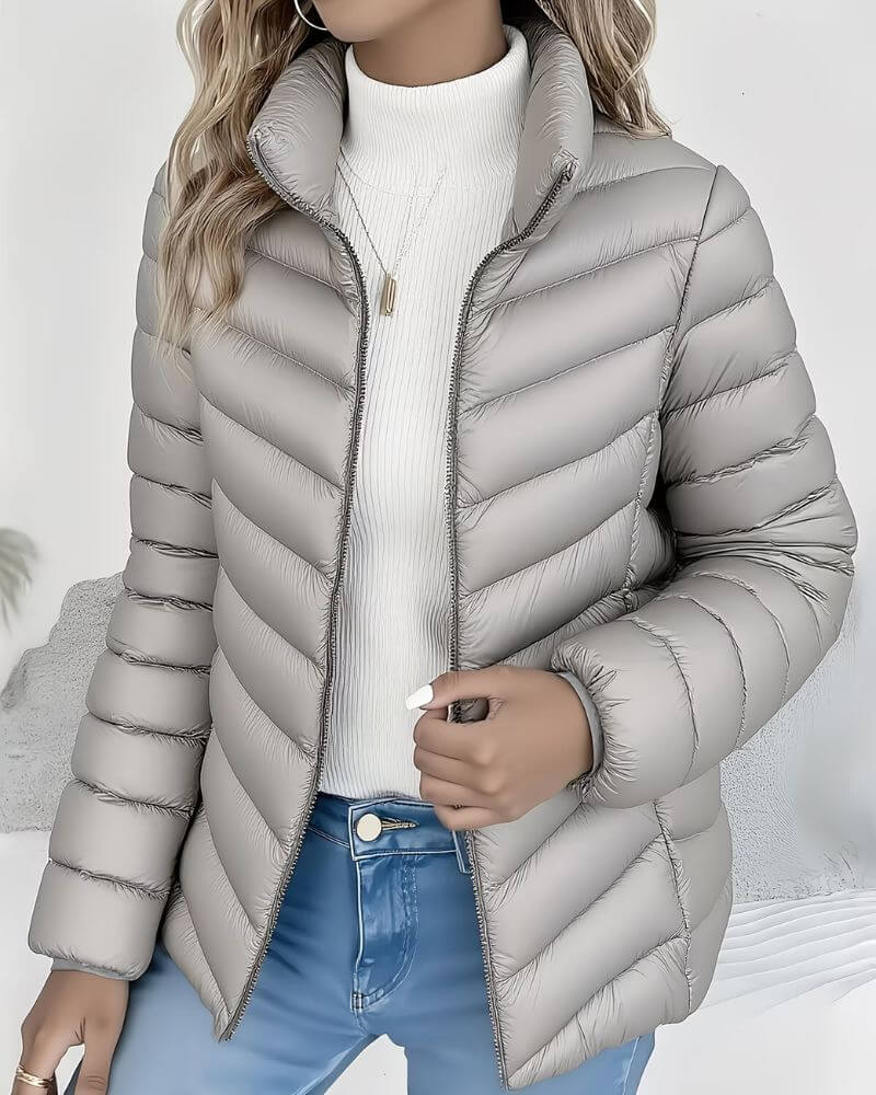 Lightweight Puffer Jacket with Stand Collar and Zip Closure