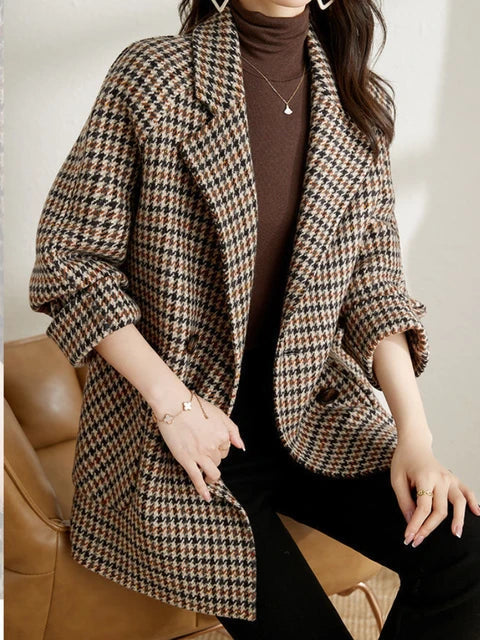 Houndstooth wool blend coat women