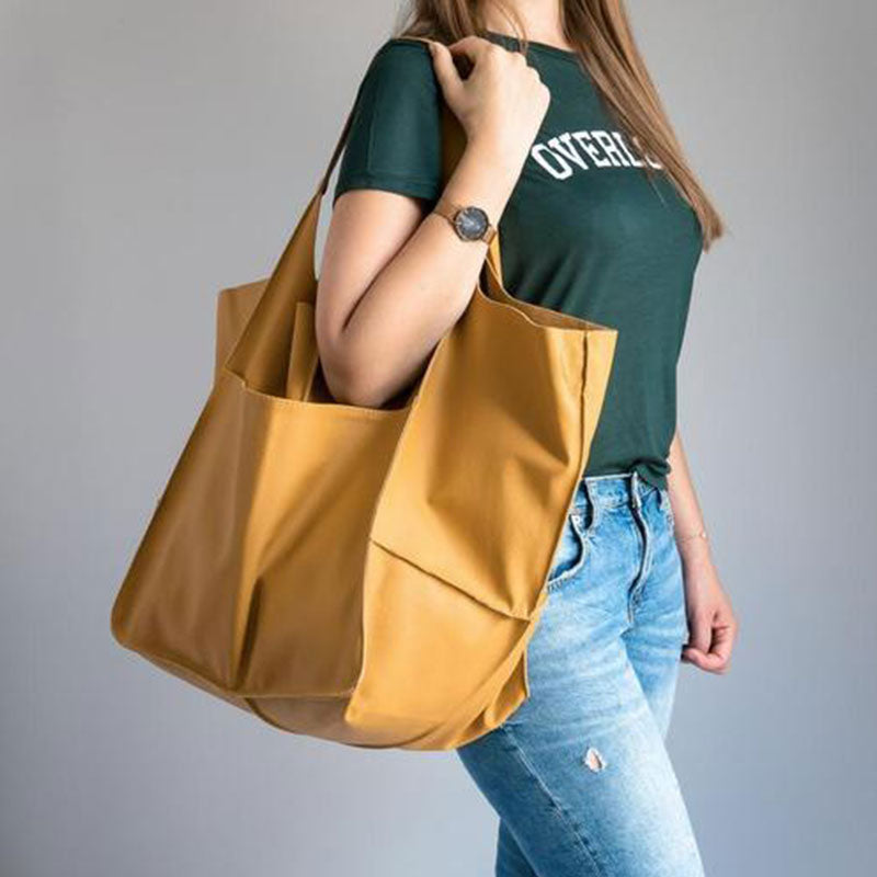 Oversized Leather Tote Bag with Front Patch Pockets