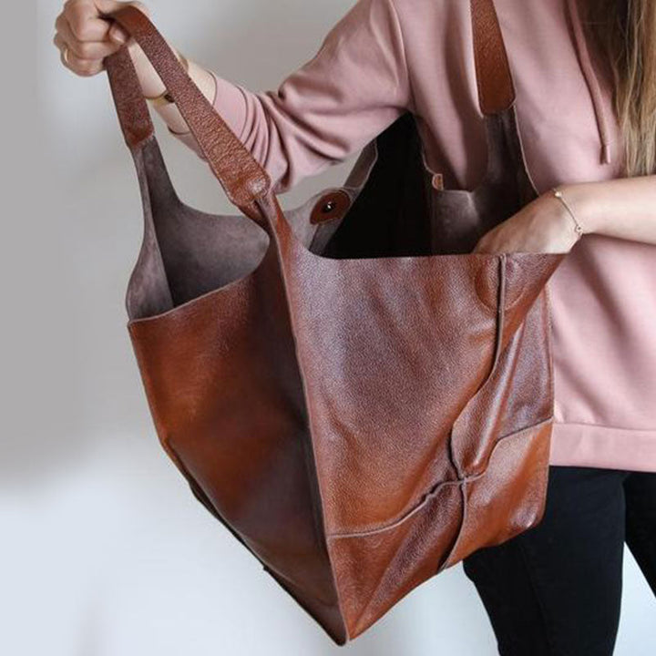 Oversized Leather Tote Bag with Front Patch Pockets