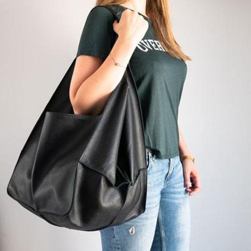 Oversized Leather Tote Bag with Front Patch Pockets