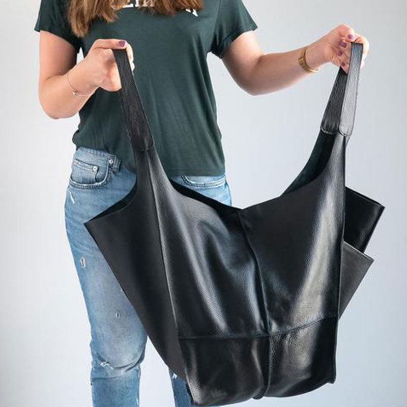 Oversized Leather Tote Bag with Front Patch Pockets