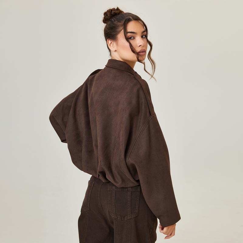 Oversized Suede Bomber Jacket with Zip Front and Drop Shoulders