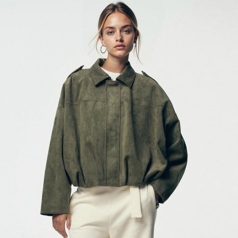 Oversized Suede Bomber Jacket with Zip Front and Drop Shoulders