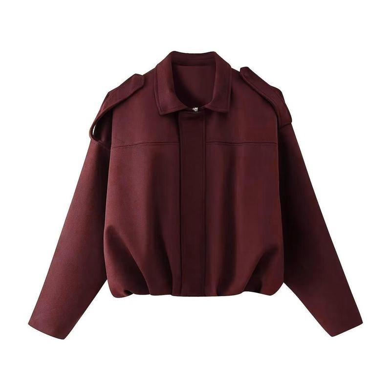 Oversized Suede Bomber Jacket with Zip Front and Drop Shoulders