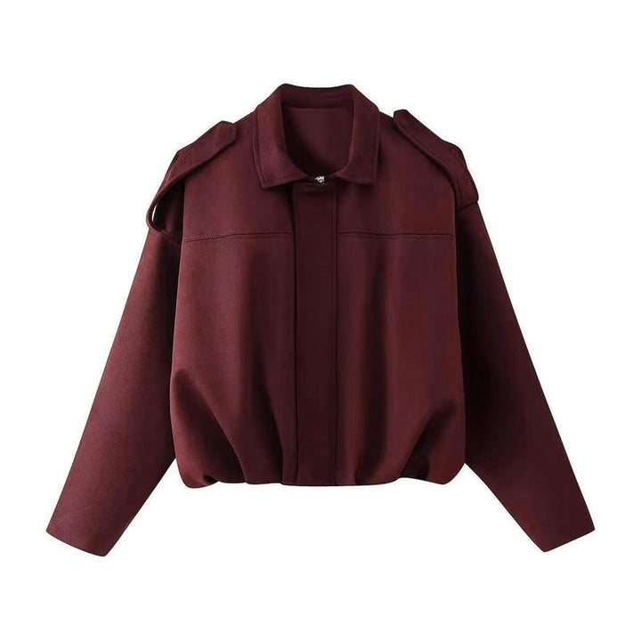 Oversized Suede Bomber Jacket with Zip Front and Drop Shoulders