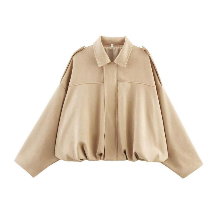 Oversized Suede Bomber Jacket with Zip Front and Drop Shoulders