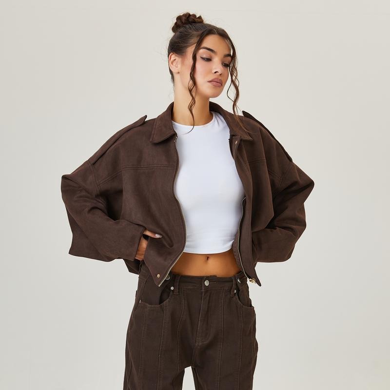 Oversized Suede Bomber Jacket with Zip Front and Drop Shoulders