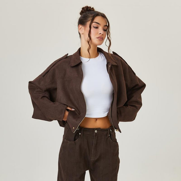 Oversized Suede Bomber Jacket with Zip Front and Drop Shoulders