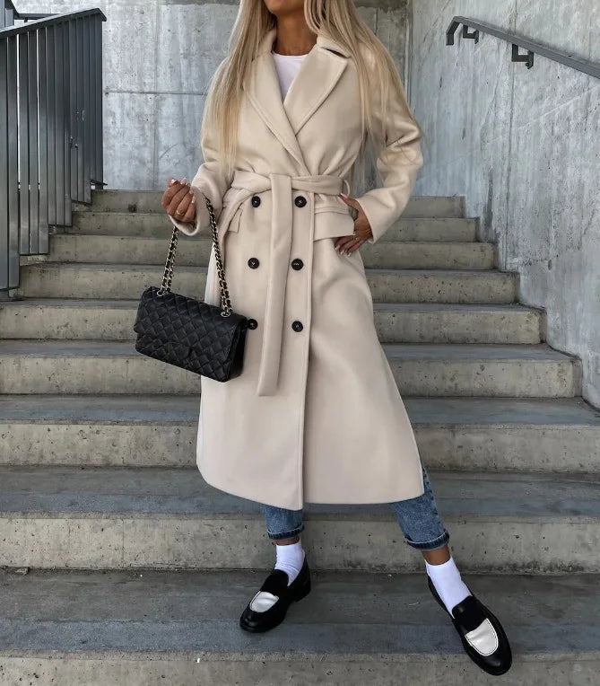 Long double breasted belted coat women front