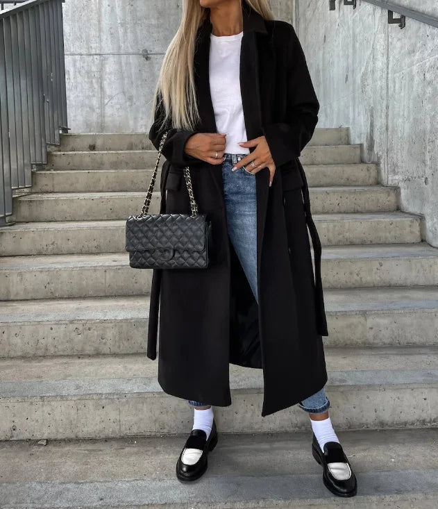 Long double breasted belted coat women detail